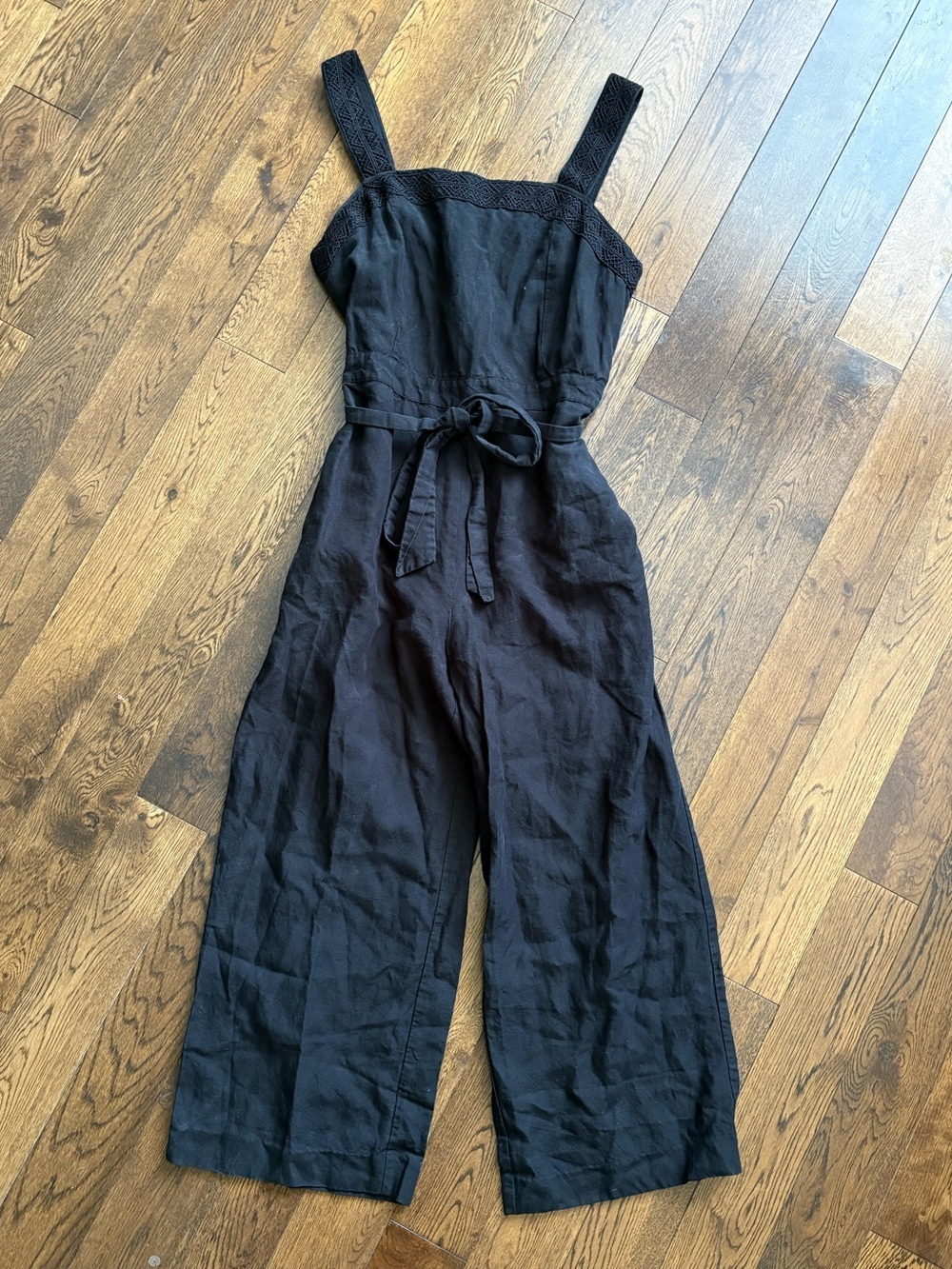 Ann Taylor Black Linen Blend Wide-Leg Jumpsuit with Waist Tie Size 4p